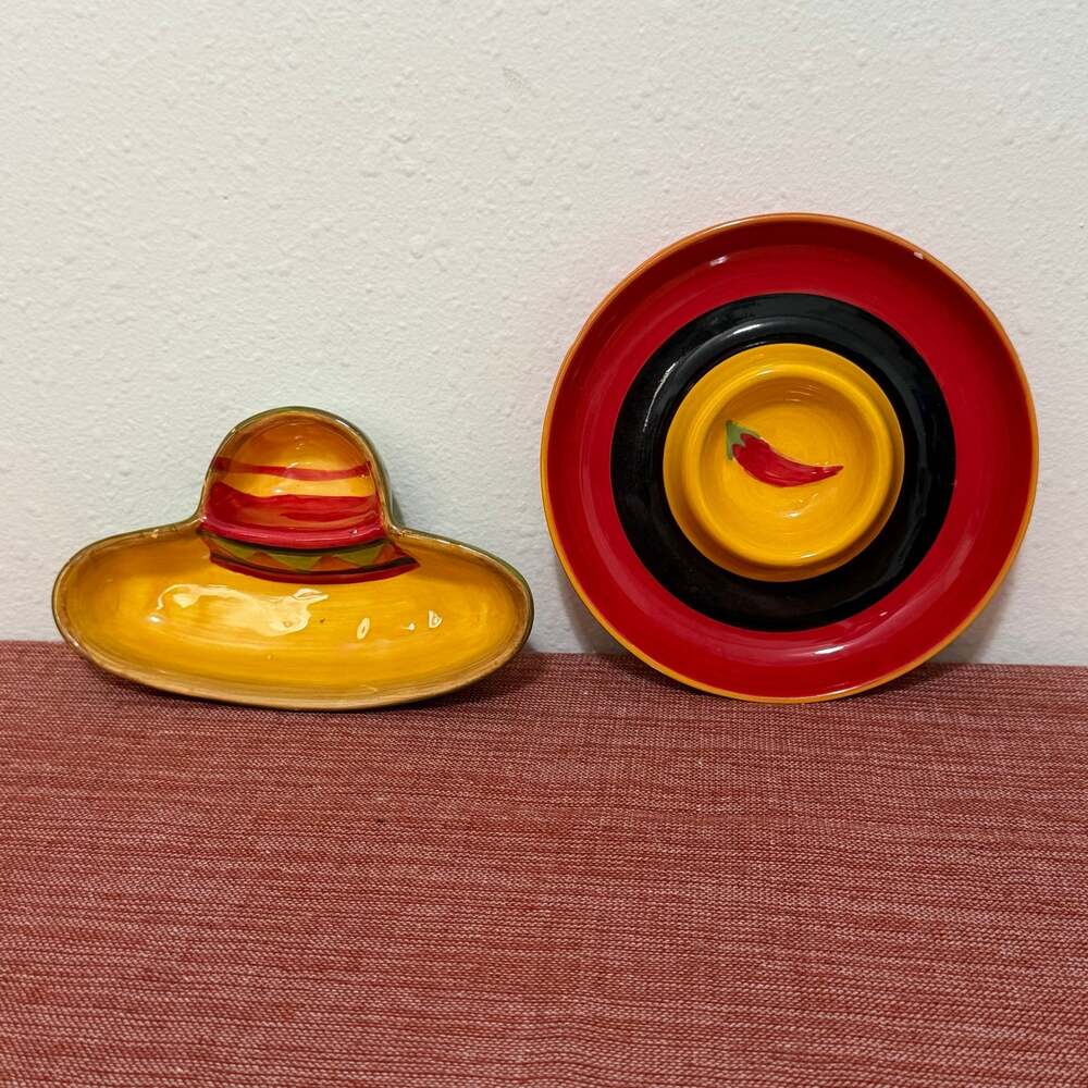 Vintage Sombrero Chili Pepper Ceramic Salsa Chip Dip Bowls Set Pacific Island